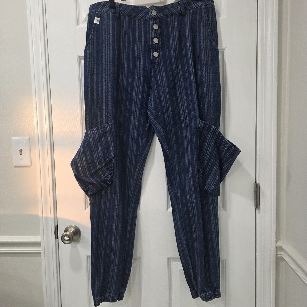 Jaded Gypsy Spiral Cluster Denim Pinstripe Cargo Pants Boho L/XL - Picture 3 of 15
